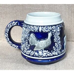 Vintage German Mug Stein Turkey Buck 1/2 Liter Blue Off White Rustic Man Cave